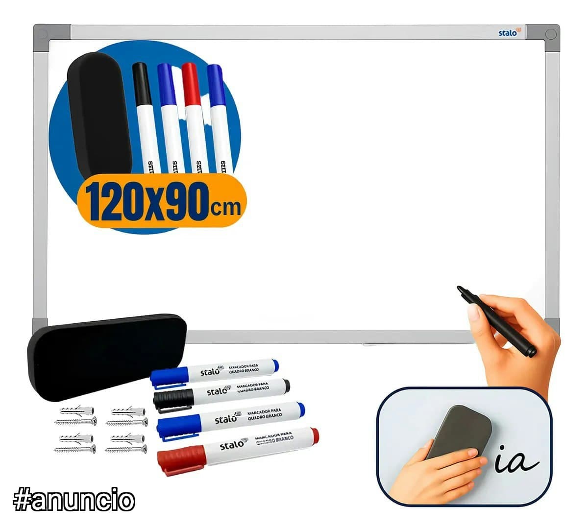 Quadro Branco 120x90 Stalo Lousa com Apagador e 4 Canetas